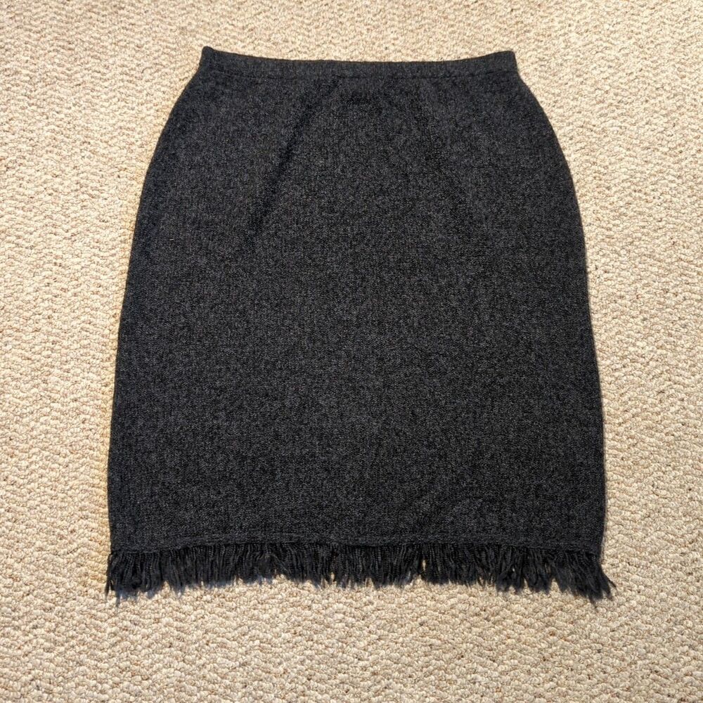 Vintage Knit Sweater Pencil Straight Skirt Large Gray Black Fringe Chic Preppy - Picture 4 of 7